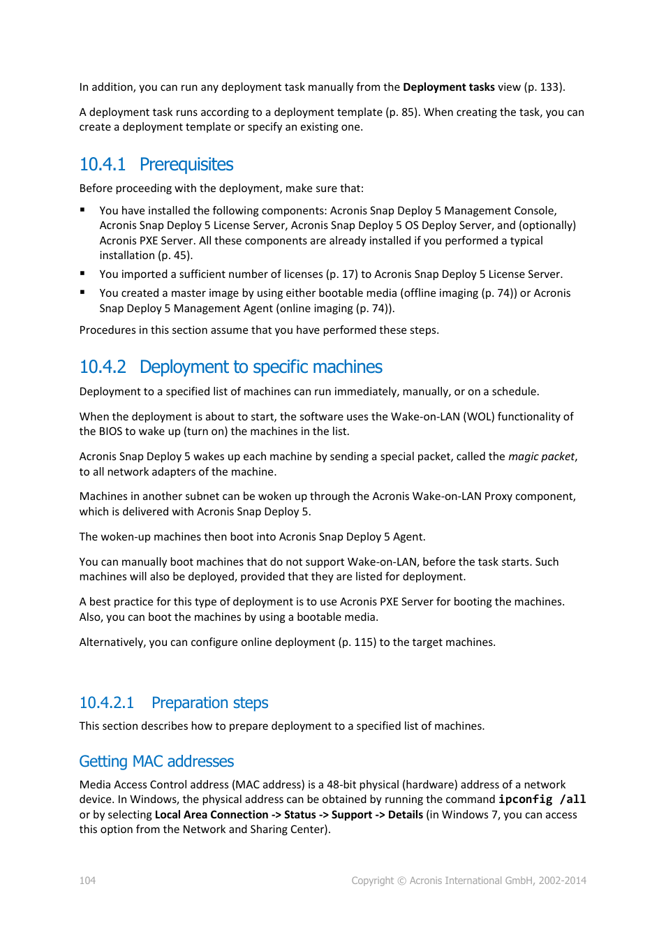 1 prerequisites, 2 deployment to specific machines, 1 preparation steps | Getting mac addresses | Acronis Snap Deploy 5 - User Guide User Manual | Page 104 / 146