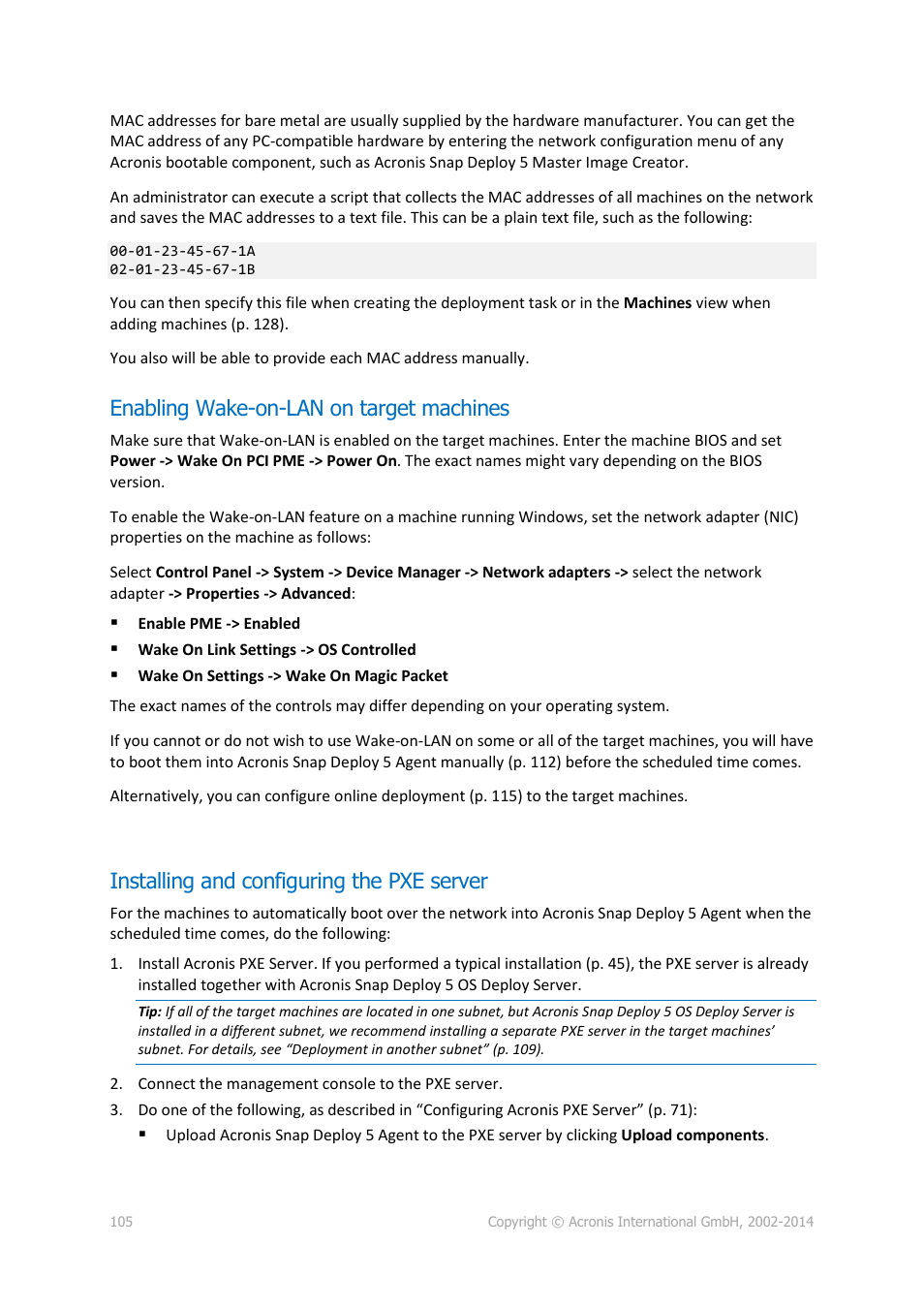 Enabling wake-on-lan on target machines, Installing and configuring the pxe server | Acronis Snap Deploy 5 - User Guide User Manual | Page 105 / 146