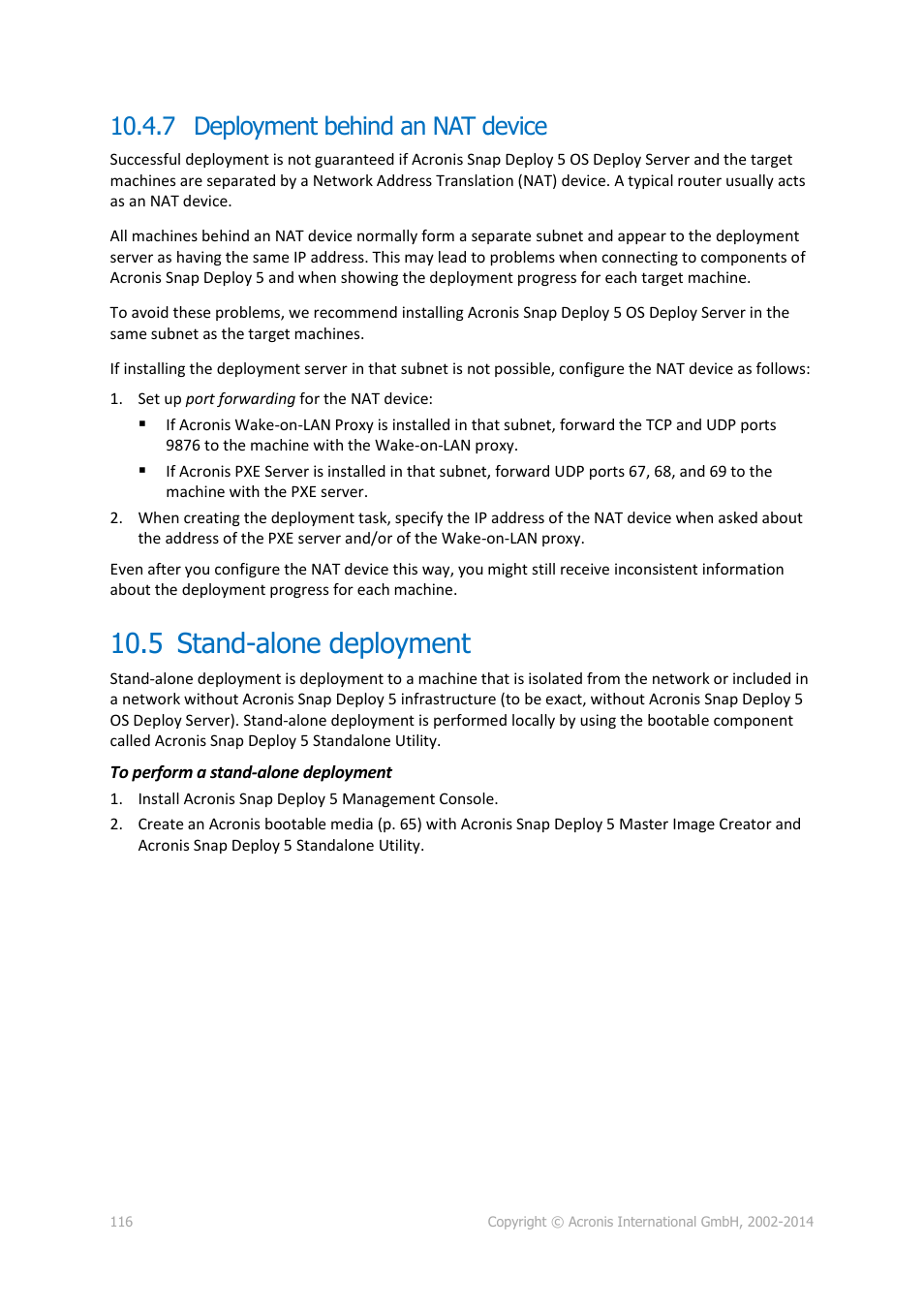7 deployment behind an nat device, 5 stand-alone deployment, Stand-alone deployment | P. 116) | Acronis Snap Deploy 5 - User Guide User Manual | Page 116 / 146