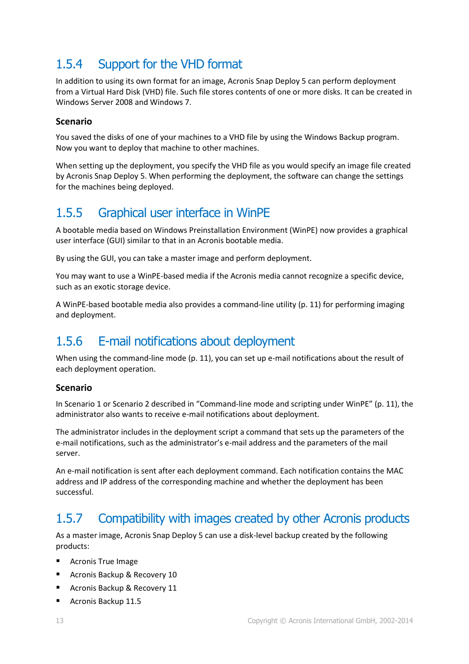 4 support for the vhd format, 5 graphical user interface in winpe, 6 e-mail notifications about deployment | Support for the vhd format, Graphical user interface in winpe, E-mail notifications about deployment | Acronis Snap Deploy 5 - User Guide User Manual | Page 13 / 146