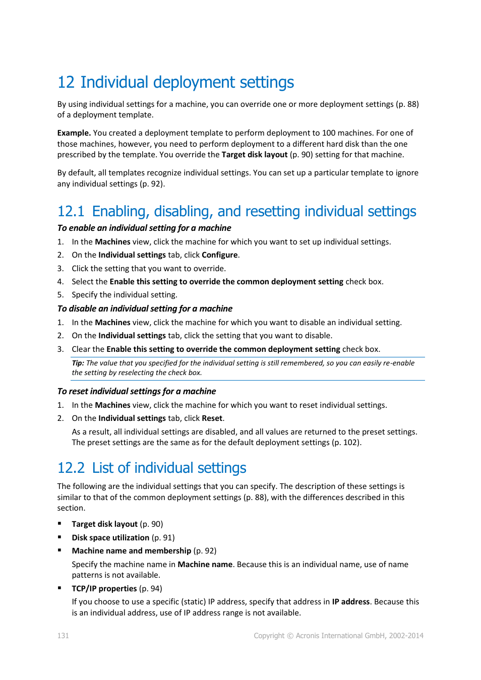 12 individual deployment settings, 2 list of individual settings, Individual deployment settings | List of individual settings, P. 131) | Acronis Snap Deploy 5 - User Guide User Manual | Page 131 / 146