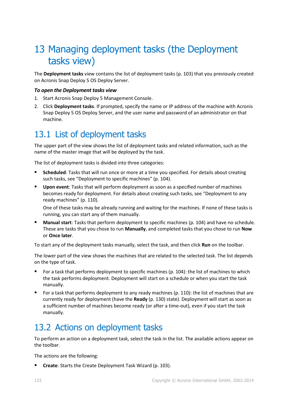 1 list of deployment tasks, 2 actions on deployment tasks, List of deployment tasks | Actions on deployment tasks, P. 133) | Acronis Snap Deploy 5 - User Guide User Manual | Page 133 / 146