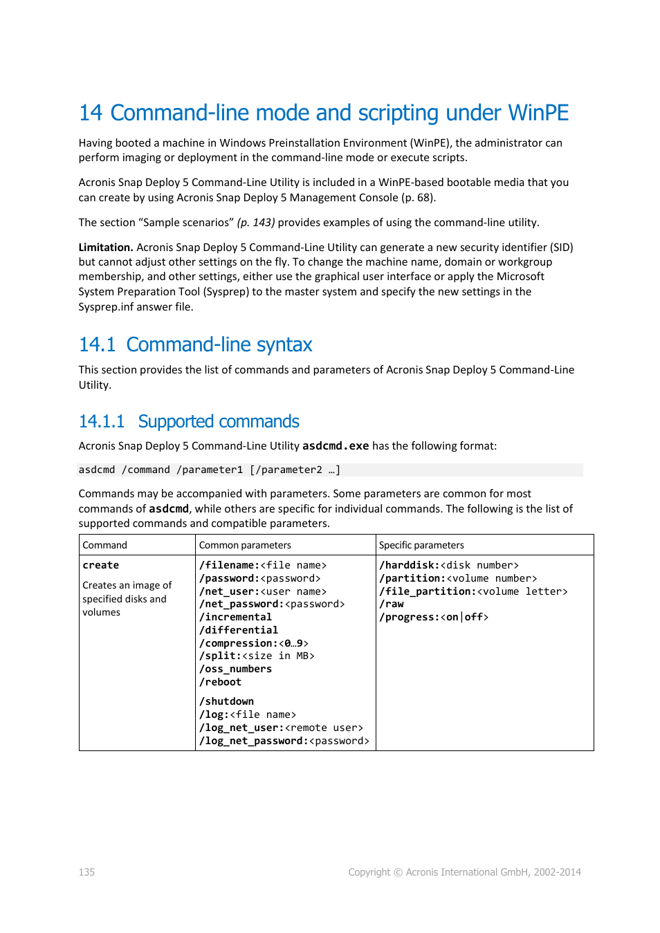 14 command-line mode and scripting under winpe, 1 command-line syntax, 1 supported commands | Command-line mode and scripting under winpe, Command-line syntax, P. 135) | Acronis Snap Deploy 5 - User Guide User Manual | Page 135 / 146