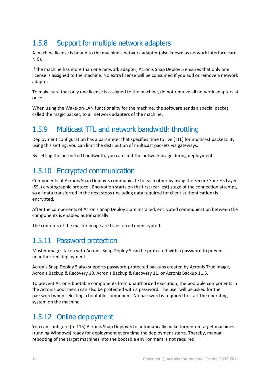 8 support for multiple network adapters, 9 multicast ttl and network bandwidth throttling, 10 encrypted communication | 11 password protection, 12 online deployment, Support for multiple network adapters, Multicast ttl and network bandwidth throttling | Acronis Snap Deploy 5 - User Guide User Manual | Page 14 / 146