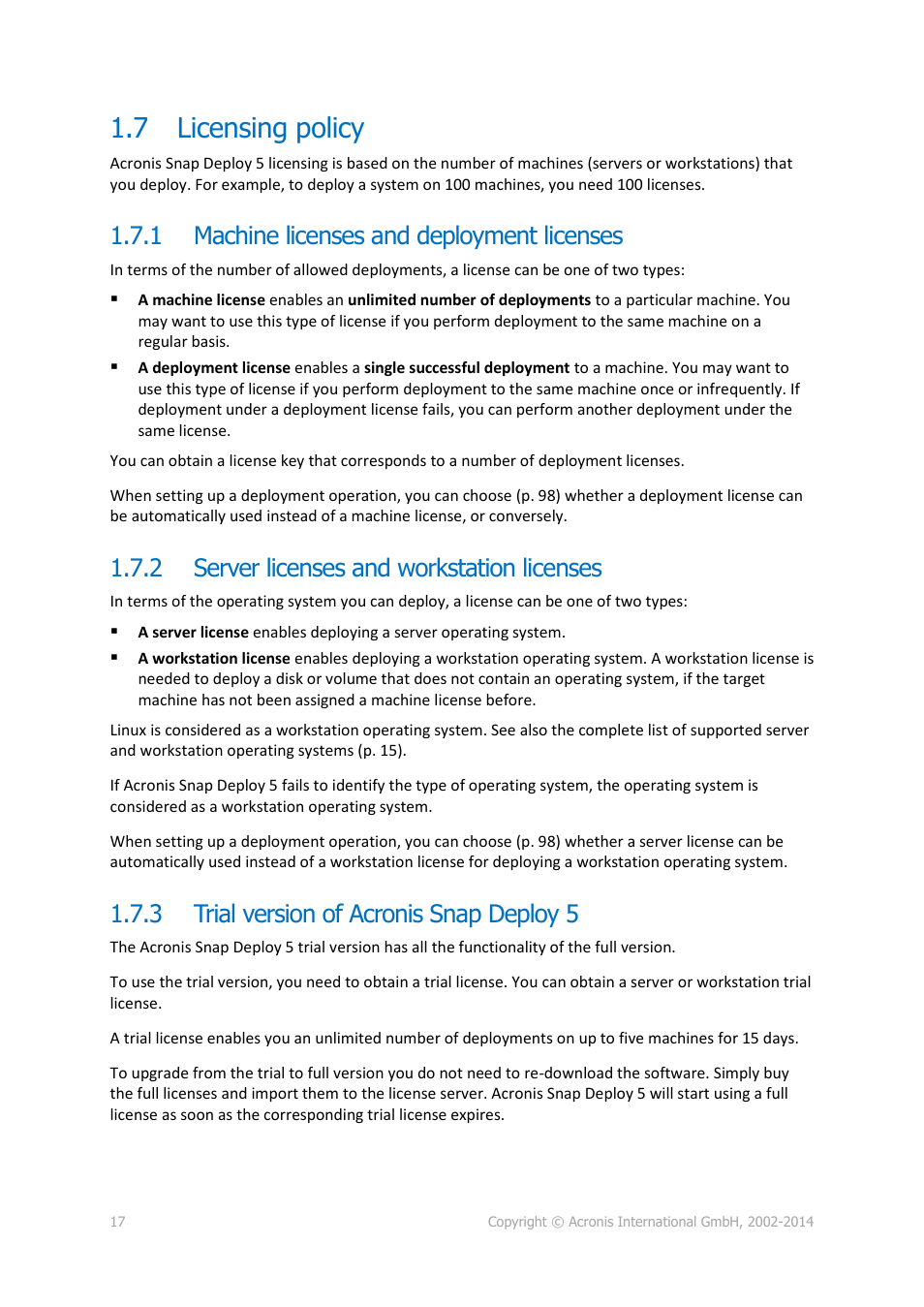 7 licensing policy, 1 machine licenses and deployment licenses, 2 server licenses and workstation licenses | 3 trial version of acronis snap deploy 5, Licensing policy, Machine licenses and deployment licenses, Server licenses and workstation licenses, Trial version of acronis snap deploy 5 | Acronis Snap Deploy 5 - User Guide User Manual | Page 17 / 146