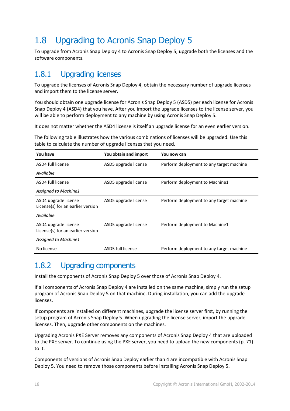 8 upgrading to acronis snap deploy 5, 1 upgrading licenses, 2 upgrading components | Upgrading to acronis snap deploy 5, Upgrading licenses, Upgrading components | Acronis Snap Deploy 5 - User Guide User Manual | Page 18 / 146