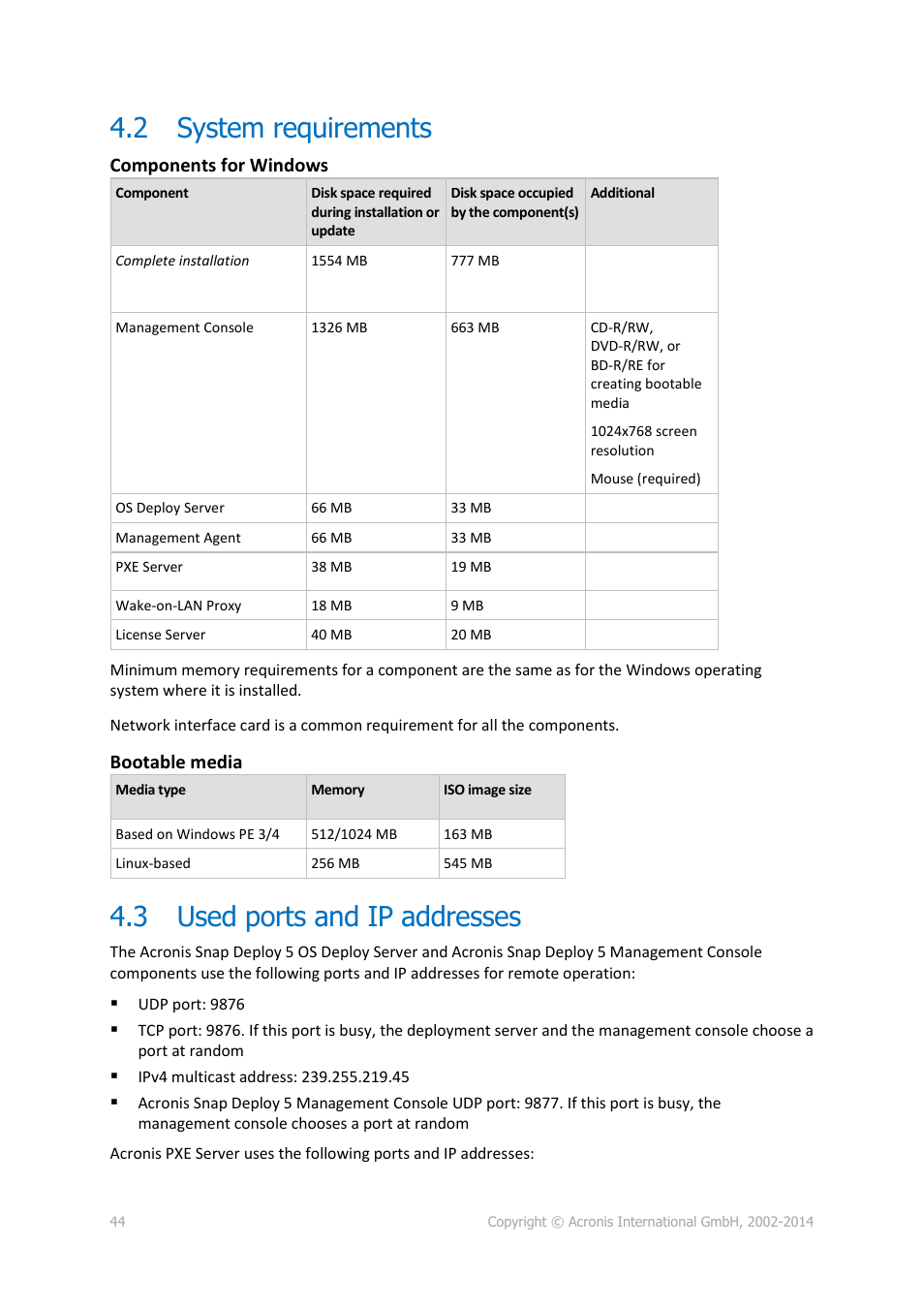 2 system requirements, 3 used ports and ip addresses, System requirements | Used ports and ip addresses, Components for windows, Bootable media | Acronis Snap Deploy 5 - User Guide User Manual | Page 44 / 146