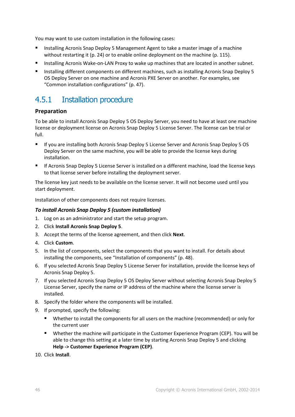 1 installation procedure, Installation procedure | Acronis Snap Deploy 5 - User Guide User Manual | Page 46 / 146