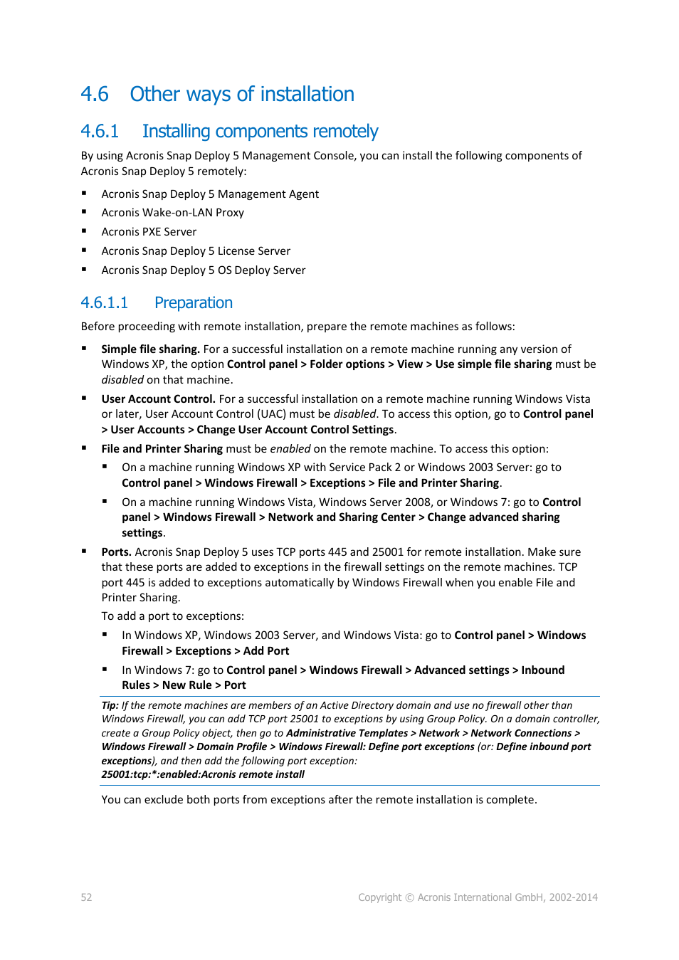 6 other ways of installation, 1 installing components remotely, 1 preparation | Other ways of installation, Installing components remotely | Acronis Snap Deploy 5 - User Guide User Manual | Page 52 / 146