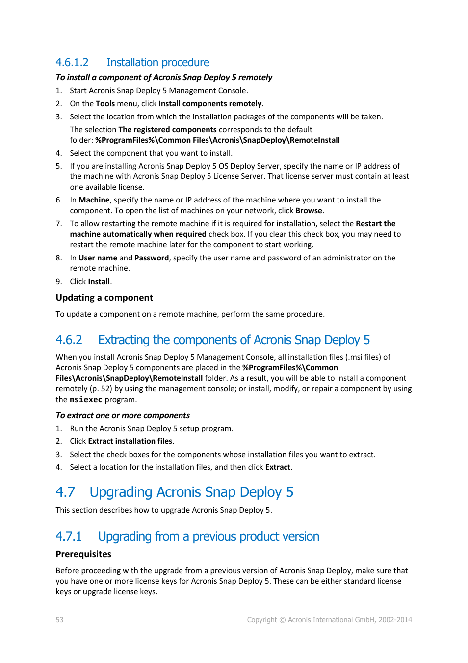 2 installation procedure, 7 upgrading acronis snap deploy 5, 1 upgrading from a previous product version | Extracting the components of acronis snap deploy 5, Upgrading acronis snap deploy 5, Upgrading from a previous product version | Acronis Snap Deploy 5 - User Guide User Manual | Page 53 / 146