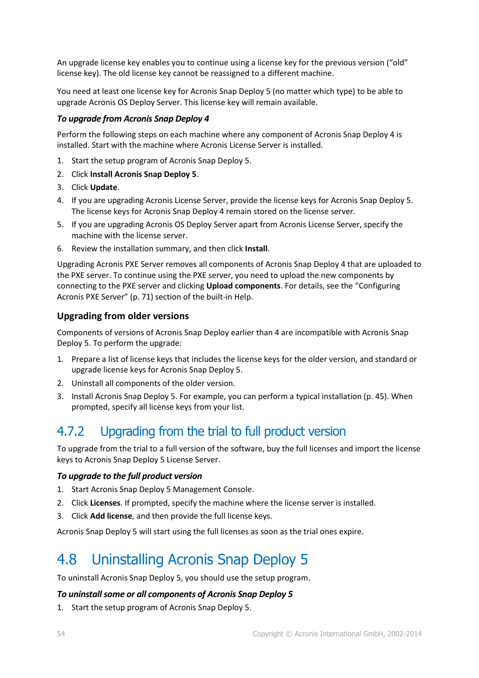 2 upgrading from the trial to full product version, 8 uninstalling acronis snap deploy 5, Upgrading from the trial to full product version | Uninstalling acronis snap deploy 5 | Acronis Snap Deploy 5 - User Guide User Manual | Page 54 / 146