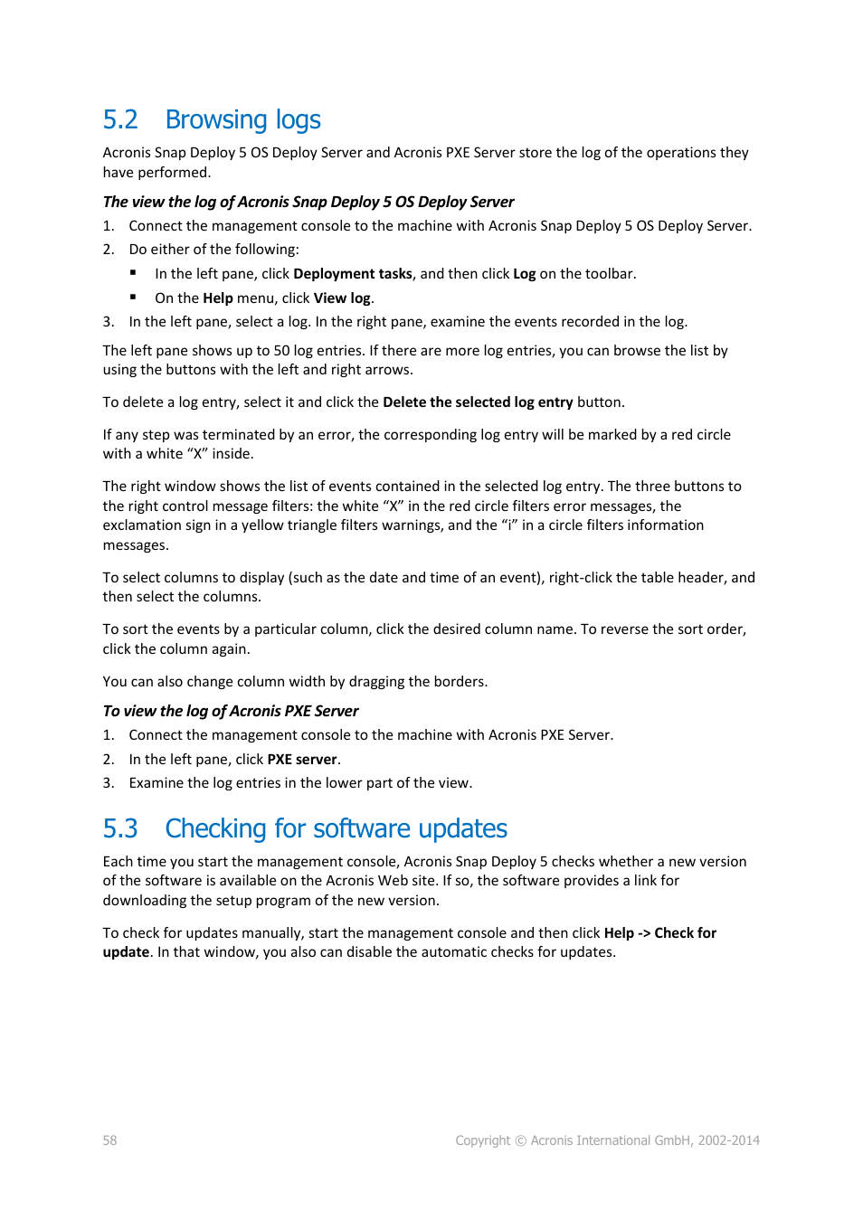 2 browsing logs, 3 checking for software updates, Browsing logs | Checking for software updates | Acronis Snap Deploy 5 - User Guide User Manual | Page 58 / 146