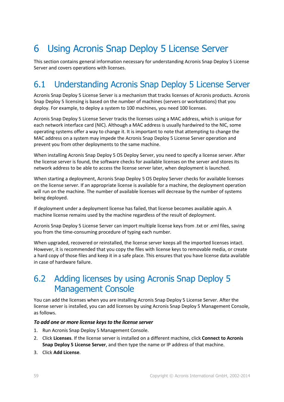 6 using acronis snap deploy 5 license server, Using acronis snap deploy 5 license server, Understanding acronis snap deploy 5 license server | P. 59) | Acronis Snap Deploy 5 - User Guide User Manual | Page 59 / 146