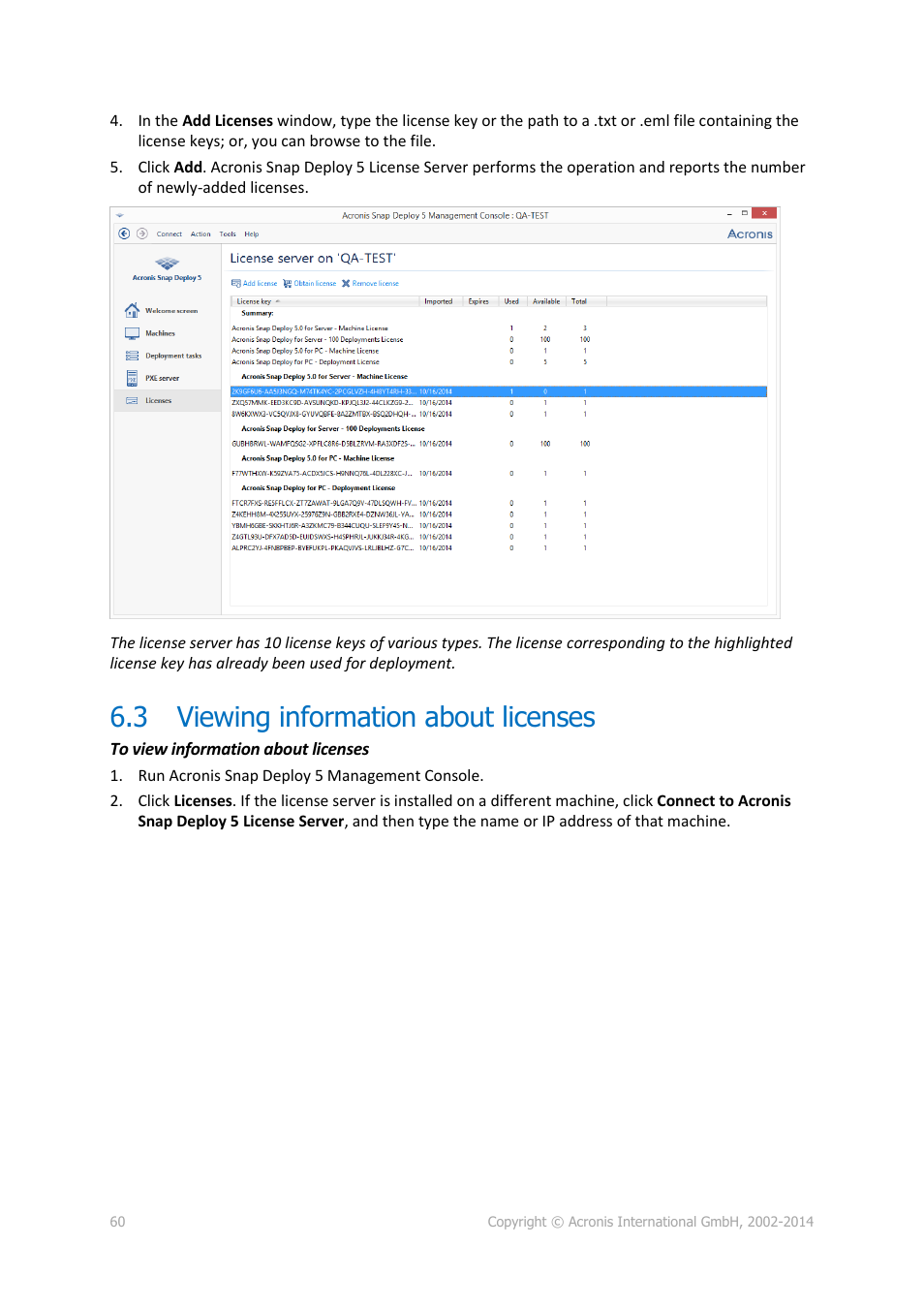 3 viewing information about licenses, Viewing information about licenses | Acronis Snap Deploy 5 - User Guide User Manual | Page 60 / 146