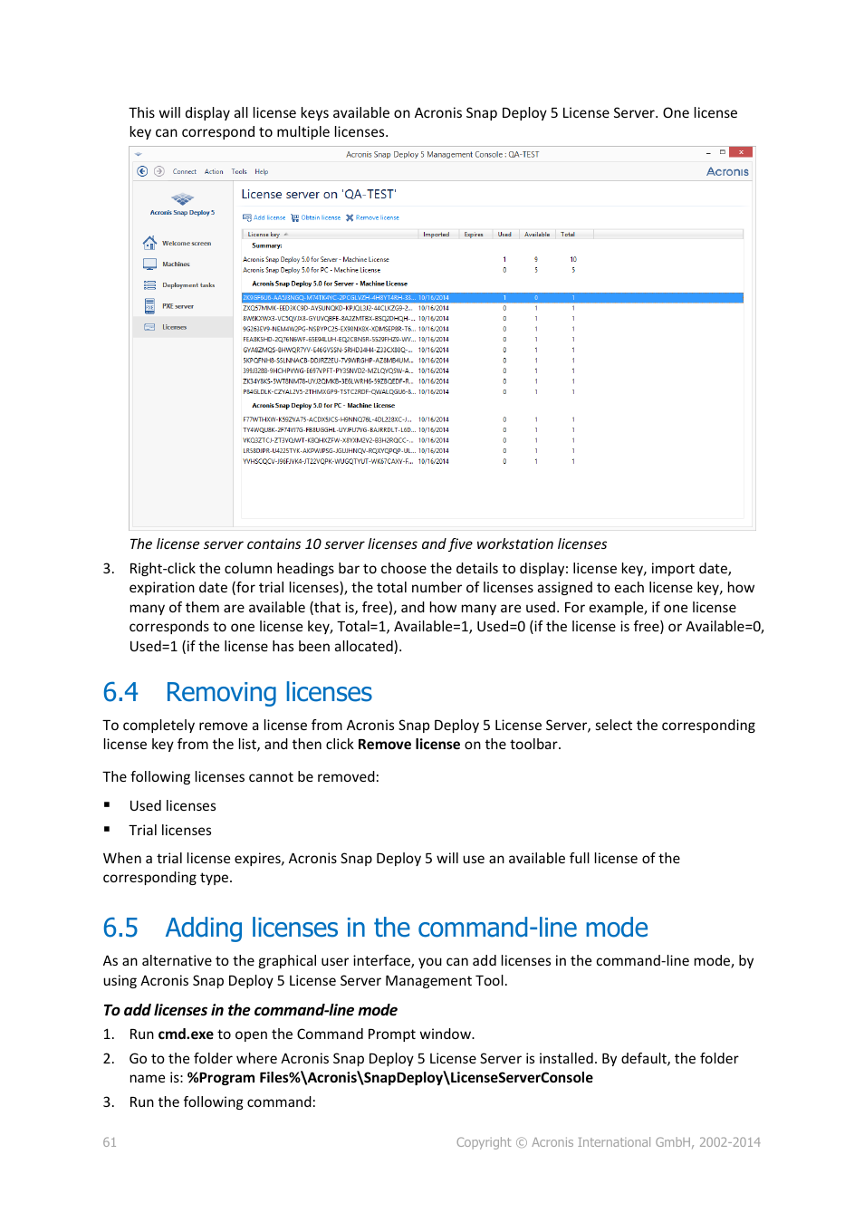 4 removing licenses, 5 adding licenses in the command-line mode, Removing licenses | Adding licenses in the command-line mode | Acronis Snap Deploy 5 - User Guide User Manual | Page 61 / 146