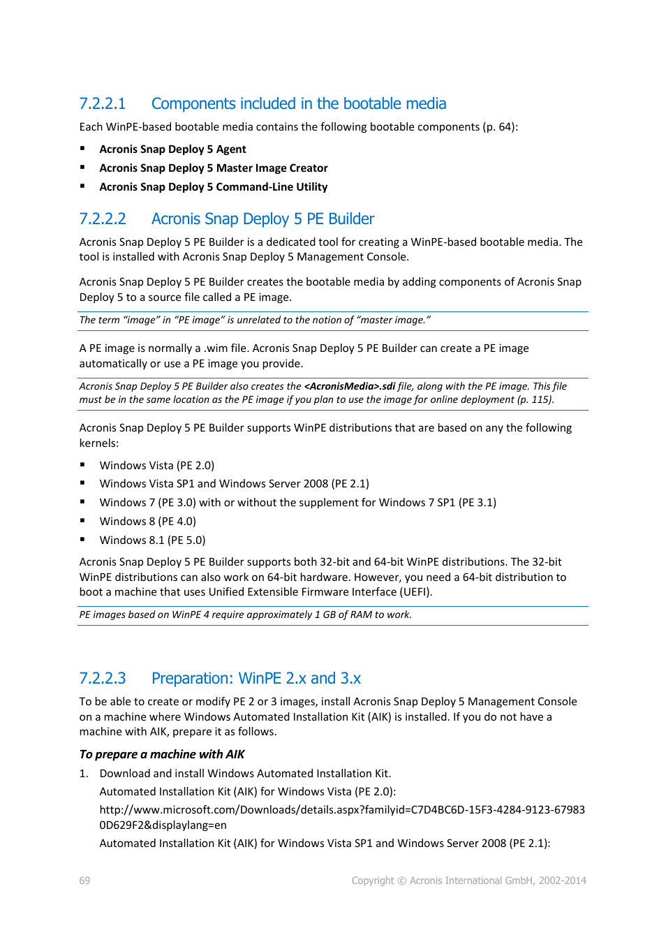 1 components included in the bootable media, 2 acronis snap deploy 5 pe builder, 3 preparation: winpe 2.x and 3.x | Acronis Snap Deploy 5 - User Guide User Manual | Page 69 / 146
