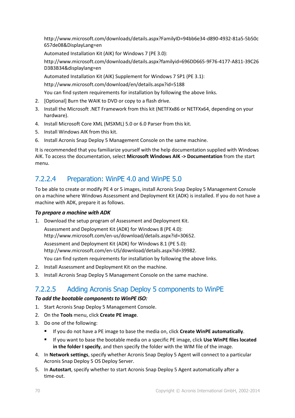 4 preparation: winpe 4.0 and winpe 5.0, 5 adding acronis snap deploy 5 components to winpe | Acronis Snap Deploy 5 - User Guide User Manual | Page 70 / 146