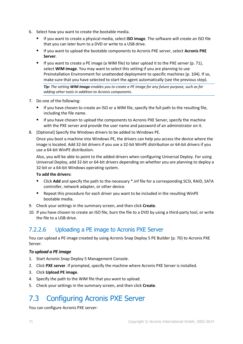 6 uploading a pe image to acronis pxe server, 3 configuring acronis pxe server, Configuring acronis pxe server | P. 71) | Acronis Snap Deploy 5 - User Guide User Manual | Page 71 / 146