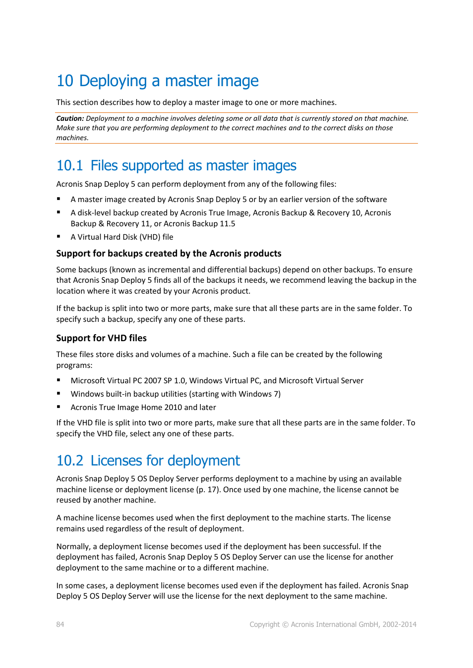10 deploying a master image, 1 files supported as master images, 2 licenses for deployment | Deploying a master image, Files supported as master images, Licenses for deployment, P. 84) | Acronis Snap Deploy 5 - User Guide User Manual | Page 84 / 146