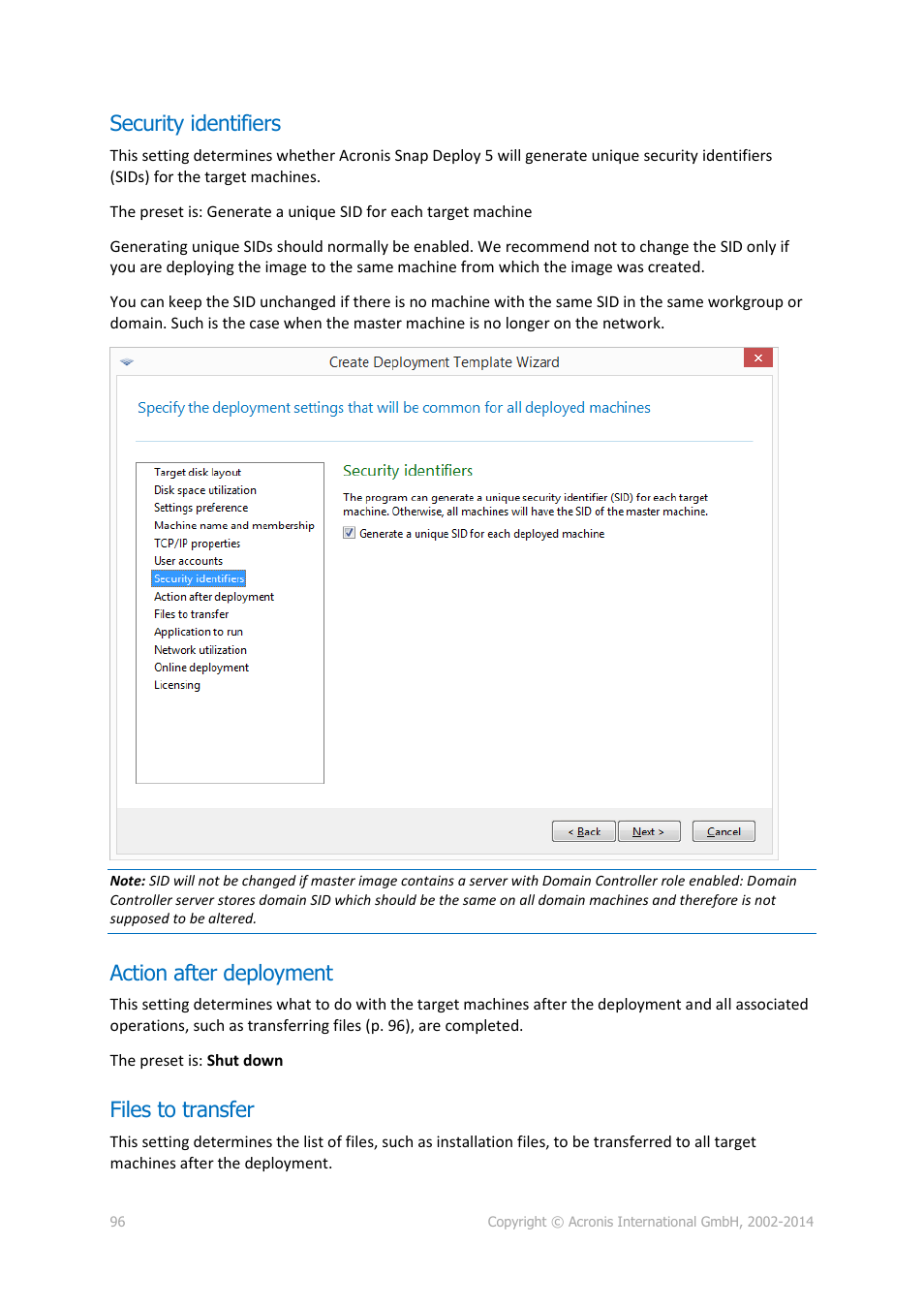 Security identifiers, Action after deployment, Files to transfer | Acronis Snap Deploy 5 - User Guide User Manual | Page 96 / 146