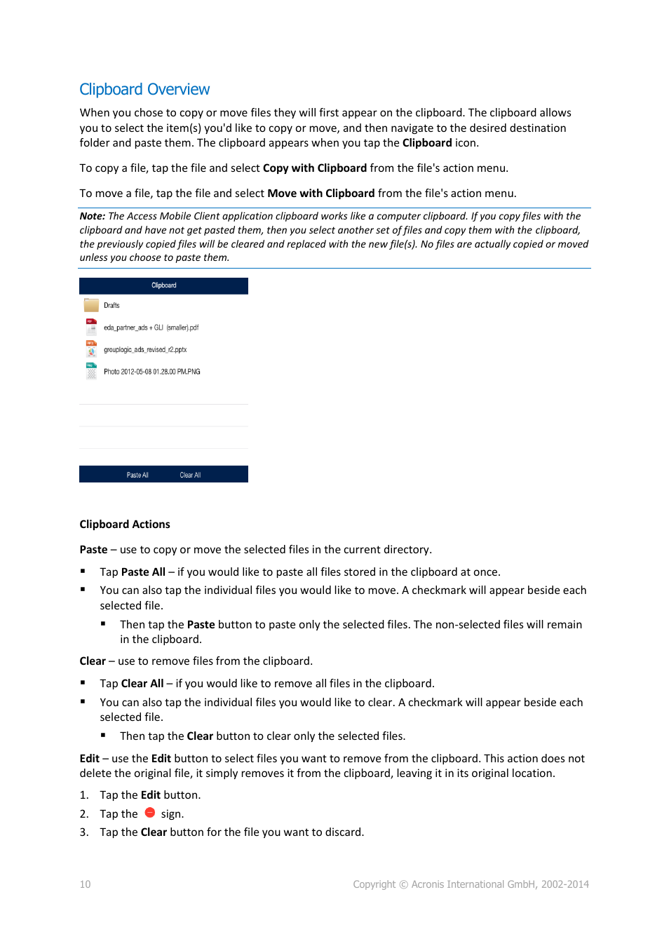 Clipboard overview | Acronis Access Advanced - User Guide User Manual | Page 10 / 97