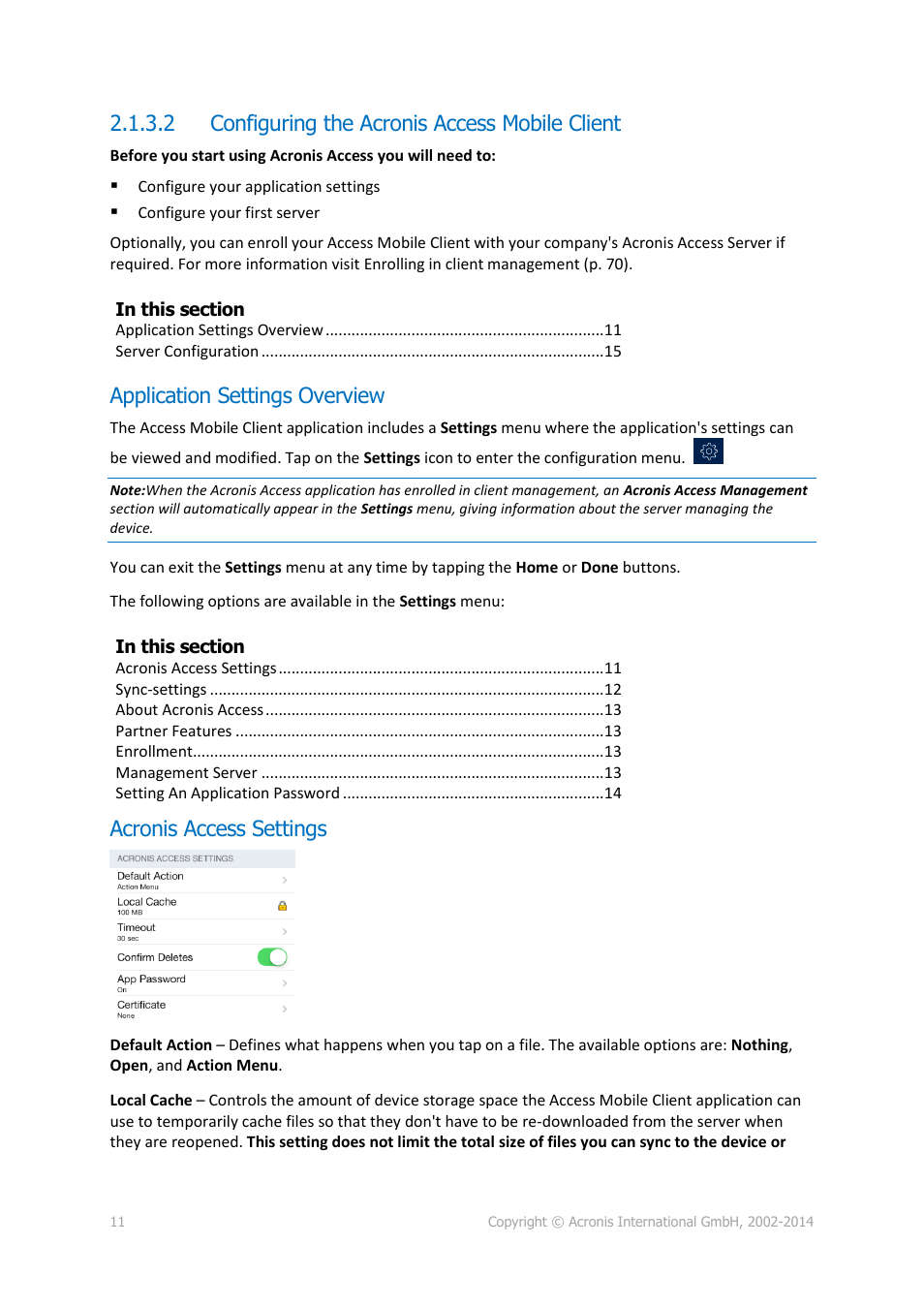 2 configuring the acronis access mobile client, Application settings overview, Acronis access settings | Configuring the acronis access mobile client | Acronis Access Advanced - User Guide User Manual | Page 11 / 97