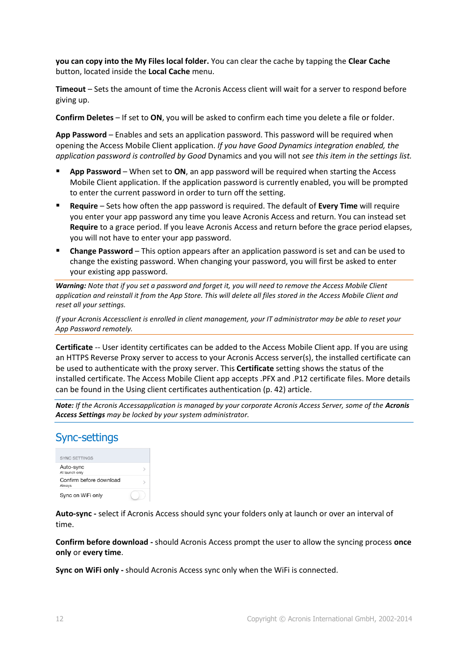Sync-settings | Acronis Access Advanced - User Guide User Manual | Page 12 / 97
