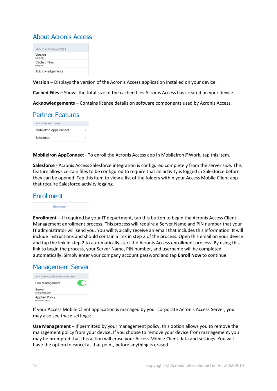 About acronis access, Partner features, Enrollment | Management server | Acronis Access Advanced - User Guide User Manual | Page 13 / 97