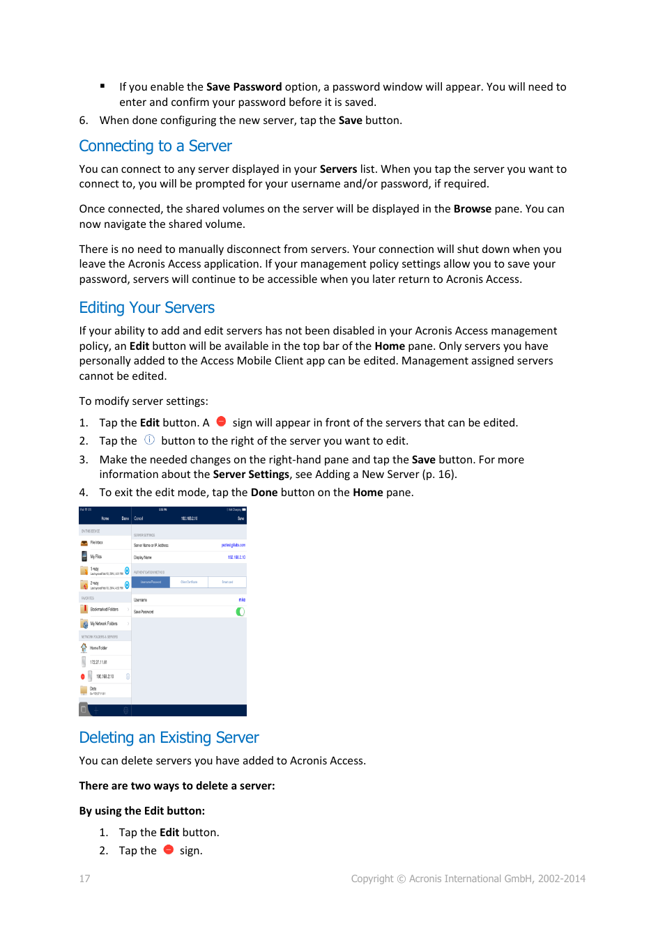 Connecting to a server, Editing your servers, Deleting an existing server | Acronis Access Advanced - User Guide User Manual | Page 17 / 97