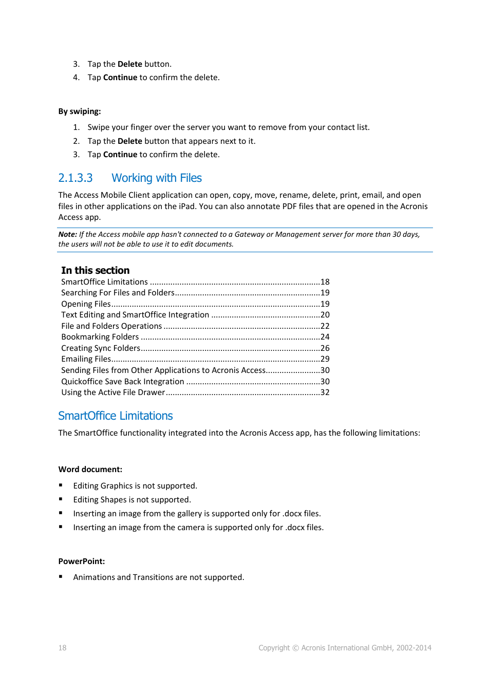 3 working with files, Smartoffice limitations, Working with files | Acronis Access Advanced - User Guide User Manual | Page 18 / 97