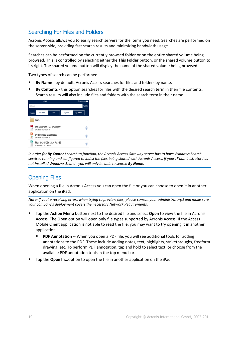 Searching for files and folders, Opening files, Searching for files and folders opening files | Acronis Access Advanced - User Guide User Manual | Page 19 / 97