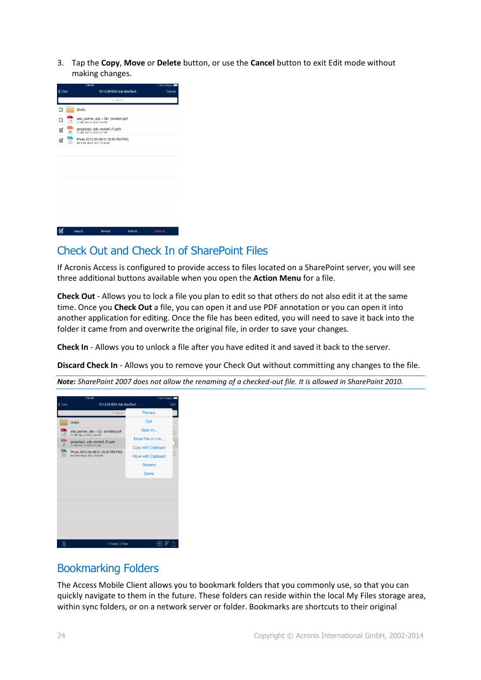 Check out and check in of sharepoint files, Bookmarking folders | Acronis Access Advanced - User Guide User Manual | Page 24 / 97