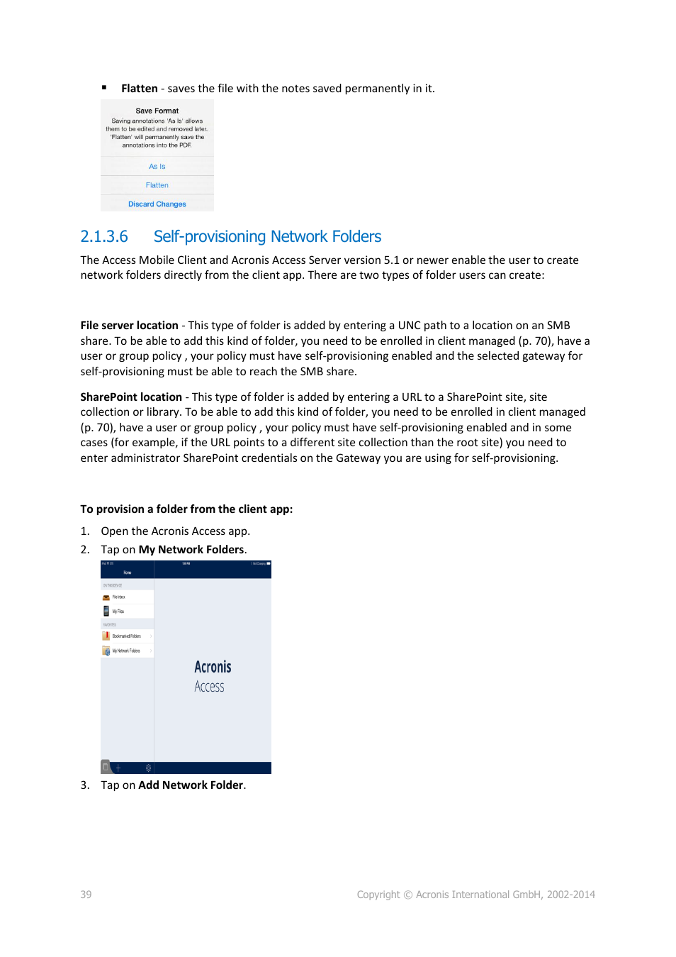 6 self-provisioning network folders, Self-provisioning network folders | Acronis Access Advanced - User Guide User Manual | Page 39 / 97