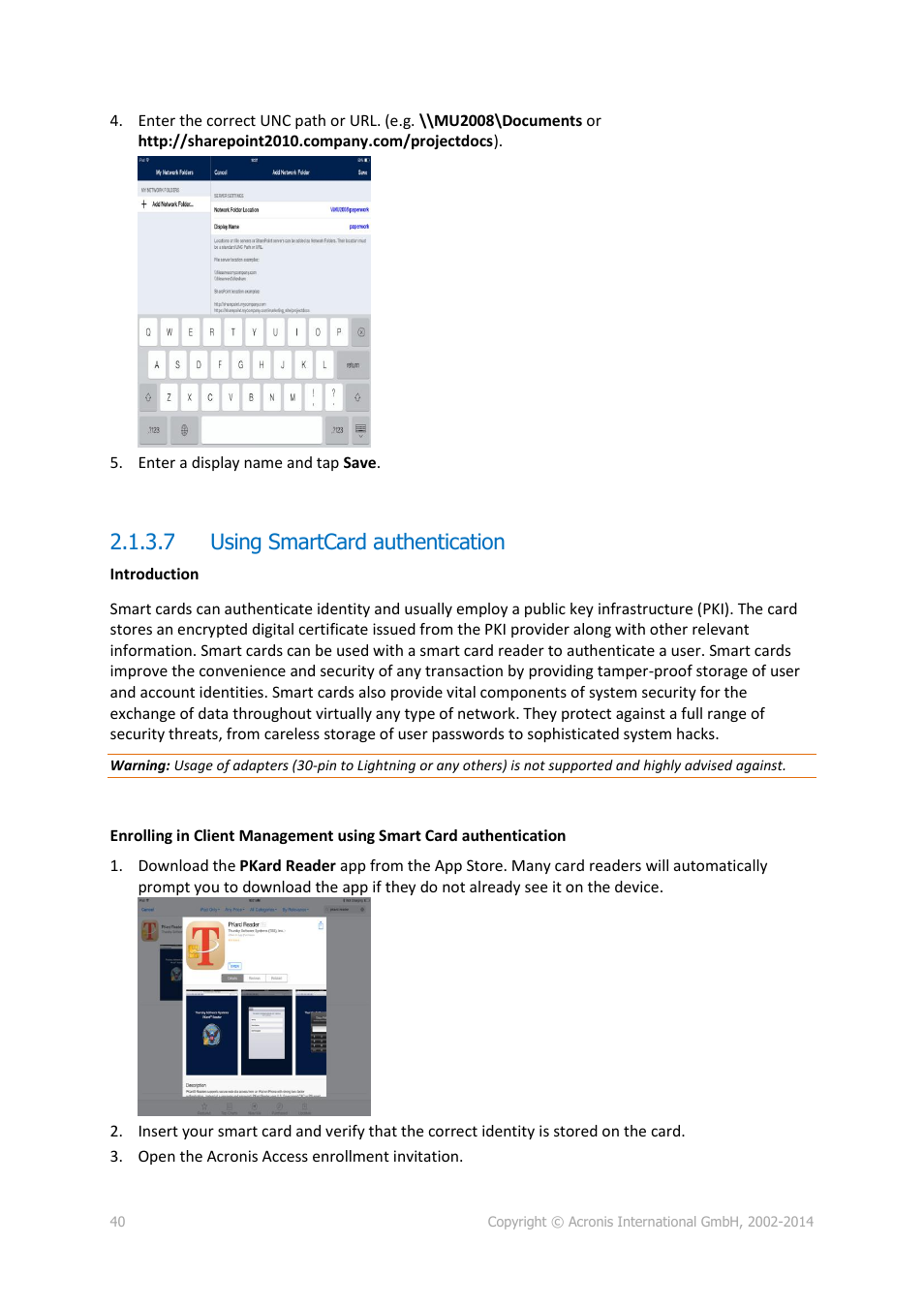 7 using smartcard authentication, Using smartcard authentication | Acronis Access Advanced - User Guide User Manual | Page 40 / 97