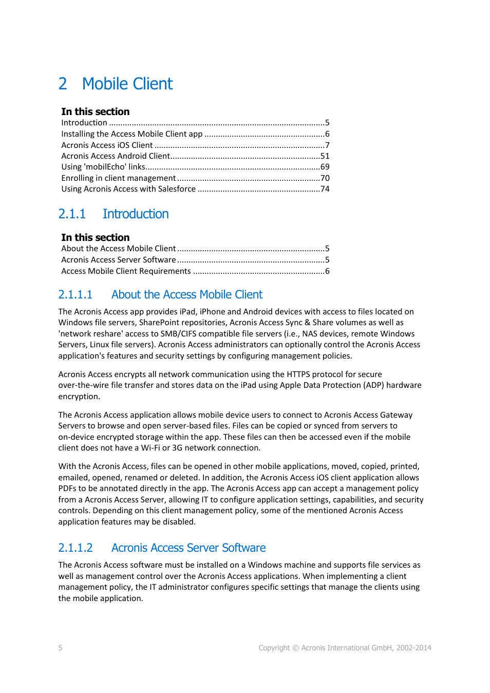 2 mobile client, 1 introduction, 1 about the access mobile client | 2 acronis access server software, Mobile client, Introduction | Acronis Access Advanced - User Guide User Manual | Page 5 / 97