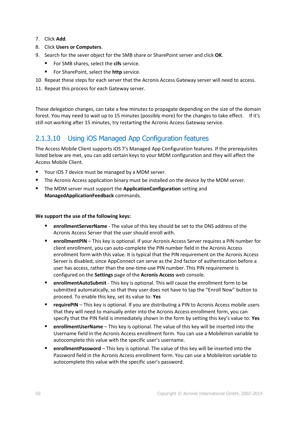 10 using ios managed app configuration features, Using ios managed app configuration features | Acronis Access Advanced - User Guide User Manual | Page 50 / 97