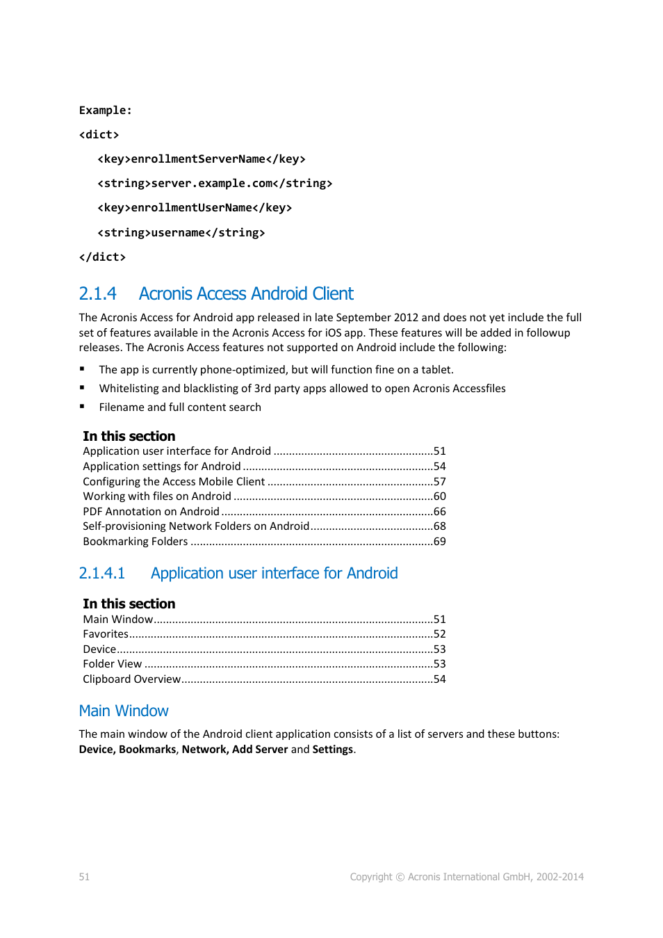 4 acronis access android client, 1 application user interface for android, Main window | Acronis access android client | Acronis Access Advanced - User Guide User Manual | Page 51 / 97