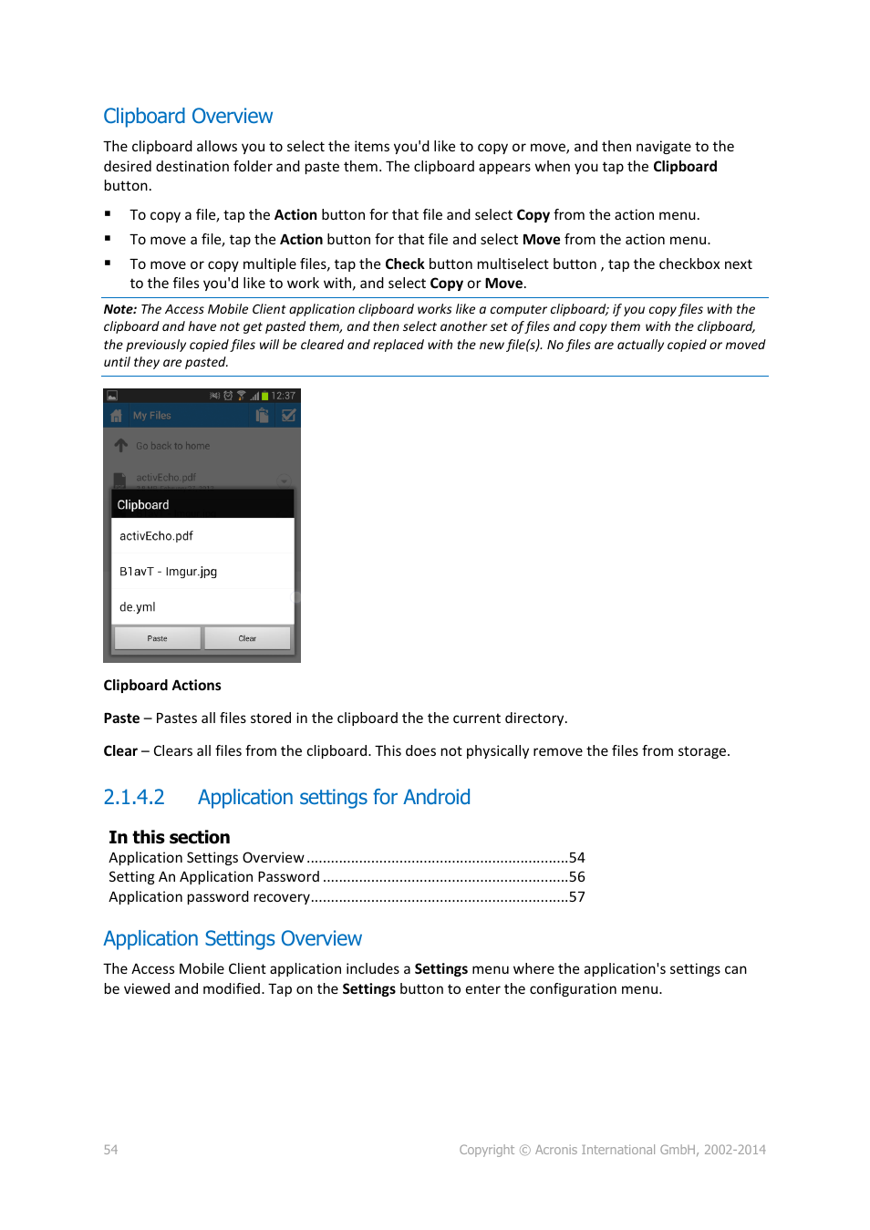 Clipboard overview, 2 application settings for android, Application settings overview | Application settings for android | Acronis Access Advanced - User Guide User Manual | Page 54 / 97