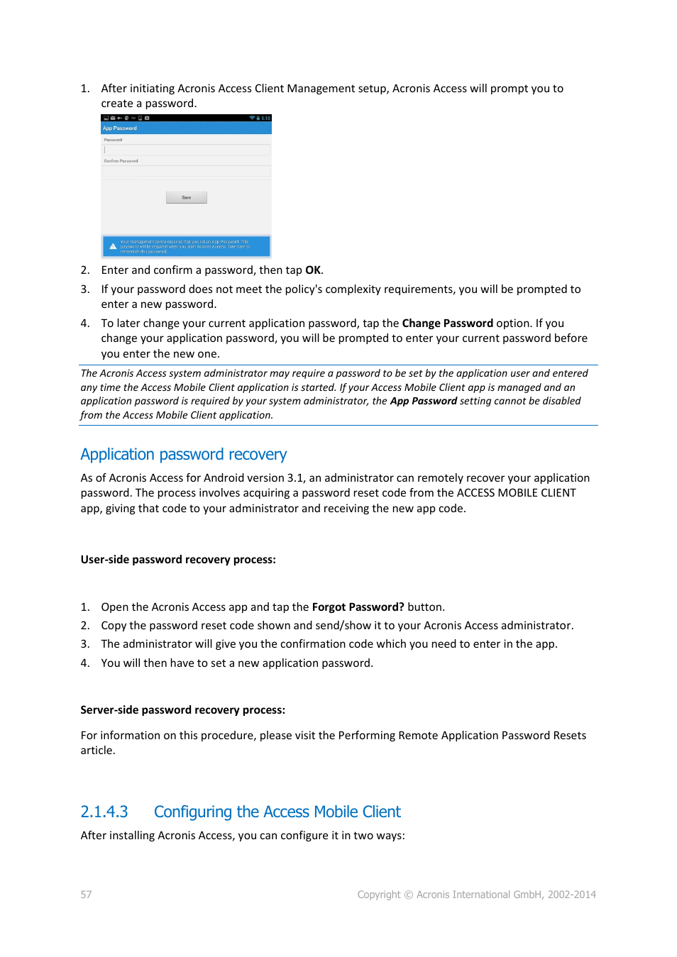 Application password recovery, 3 configuring the access mobile client, Configuring the access mobile client | Acronis Access Advanced - User Guide User Manual | Page 57 / 97