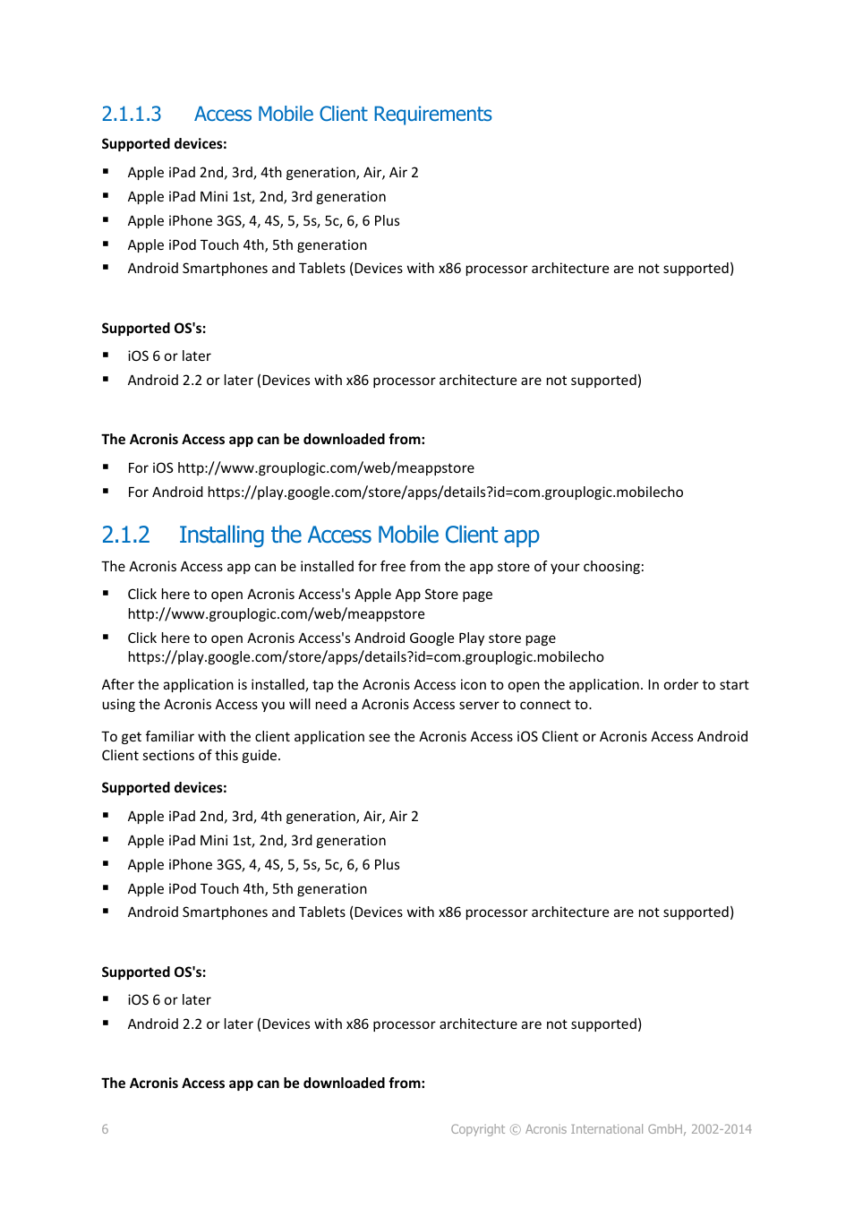 3 access mobile client requirements, 2 installing the access mobile client app, Installing the access mobile client app | Access mobile client requirements | Acronis Access Advanced - User Guide User Manual | Page 6 / 97