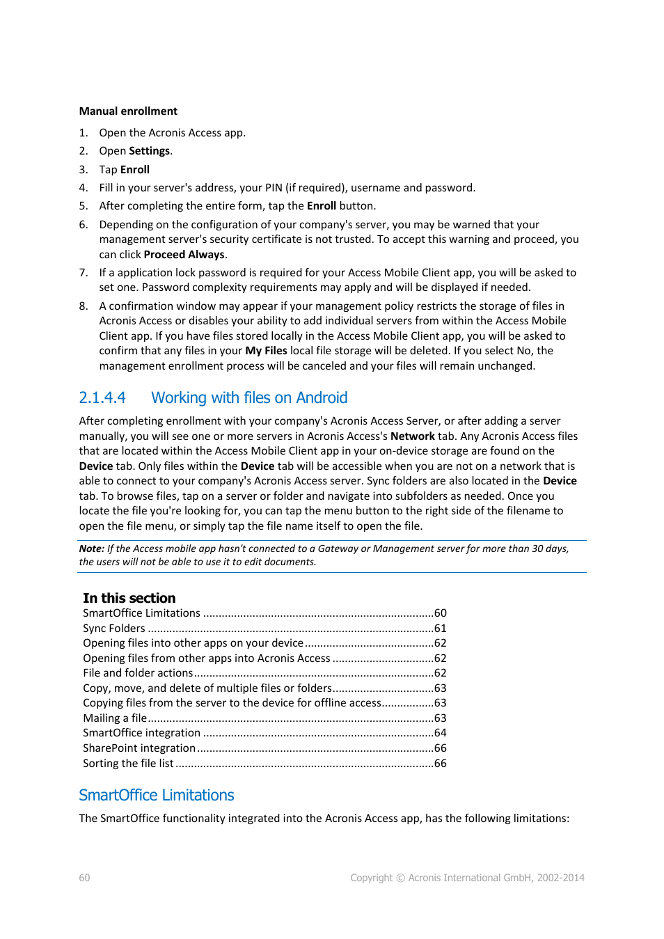 4 working with files on android, Smartoffice limitations, Working with files on android | Acronis Access Advanced - User Guide User Manual | Page 60 / 97