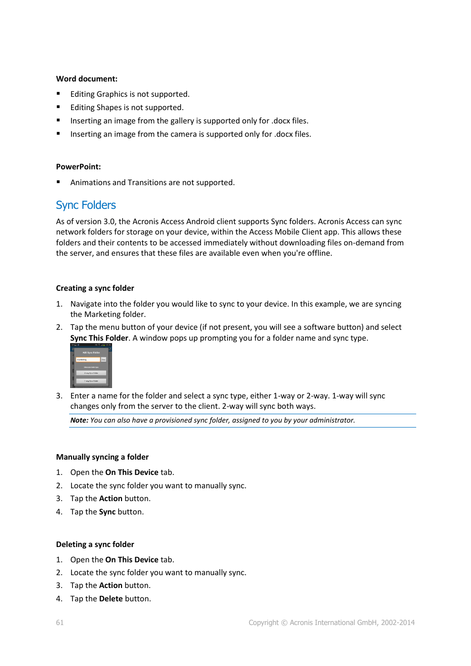 Sync folders | Acronis Access Advanced - User Guide User Manual | Page 61 / 97