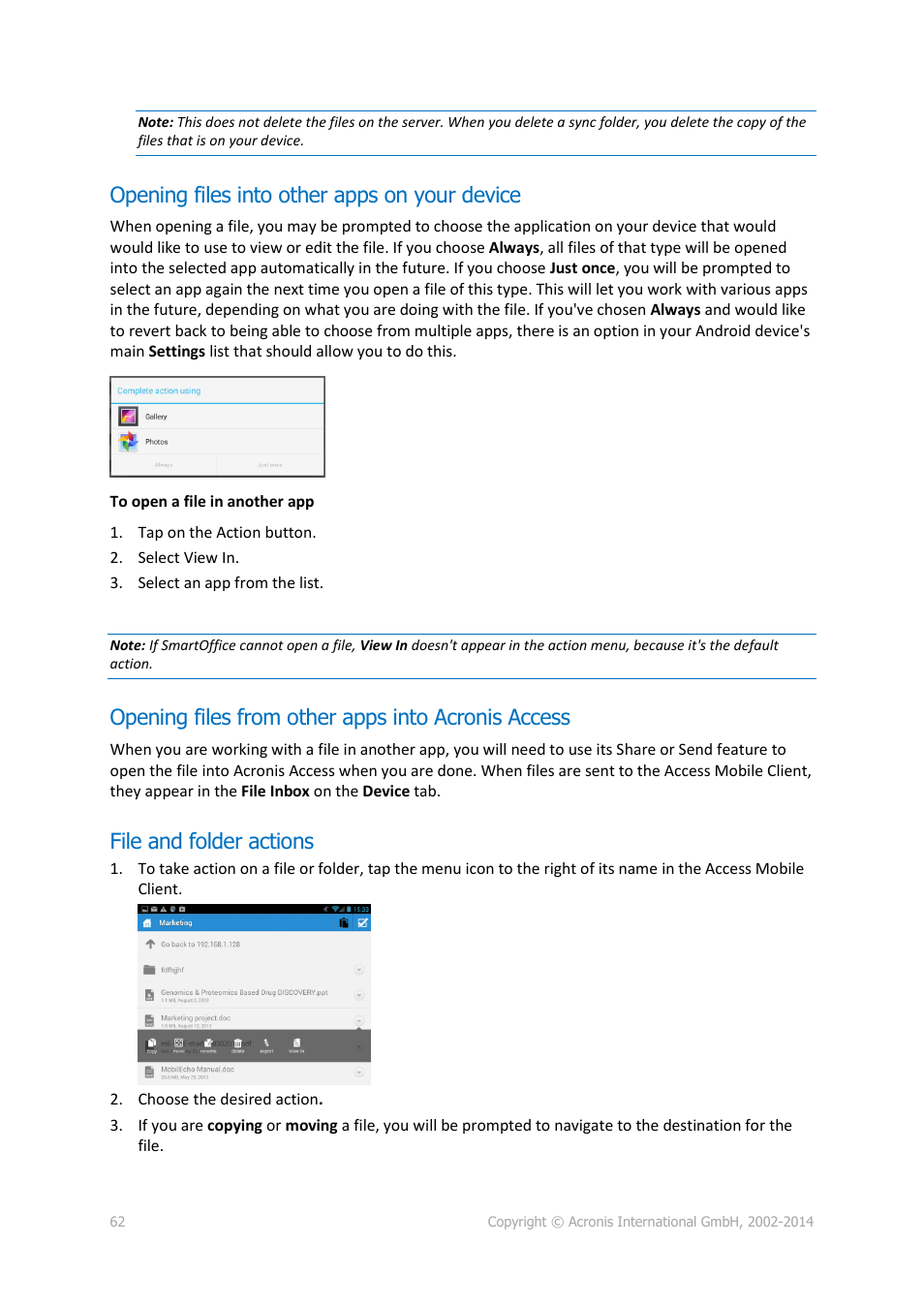 Opening files into other apps on your device, Opening files from other apps into acronis access, File and folder actions | 62 file and folder actions | Acronis Access Advanced - User Guide User Manual | Page 62 / 97