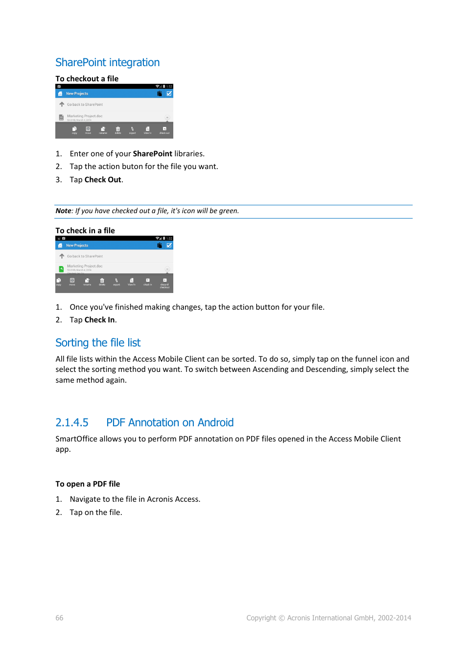 Sharepoint integration, Sorting the file list, 5 pdf annotation on android | Pdf annotation on android | Acronis Access Advanced - User Guide User Manual | Page 66 / 97