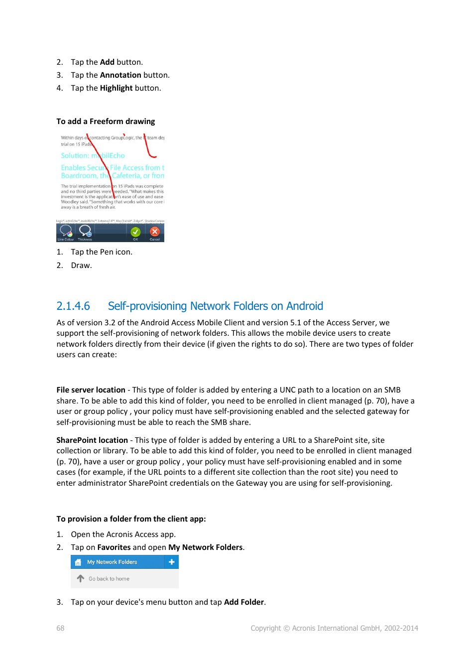6 self-provisioning network folders on android, Self-provisioning network folders on android | Acronis Access Advanced - User Guide User Manual | Page 68 / 97