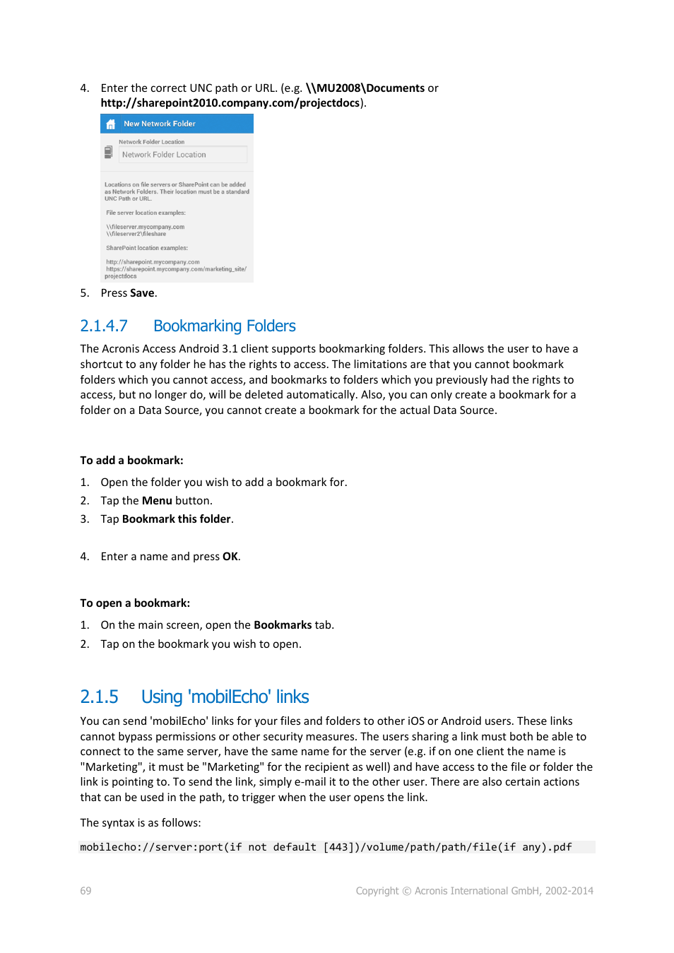 7 bookmarking folders, 5 using 'mobilecho' links, Using 'mobilecho' links | Bookmarking folders | Acronis Access Advanced - User Guide User Manual | Page 69 / 97