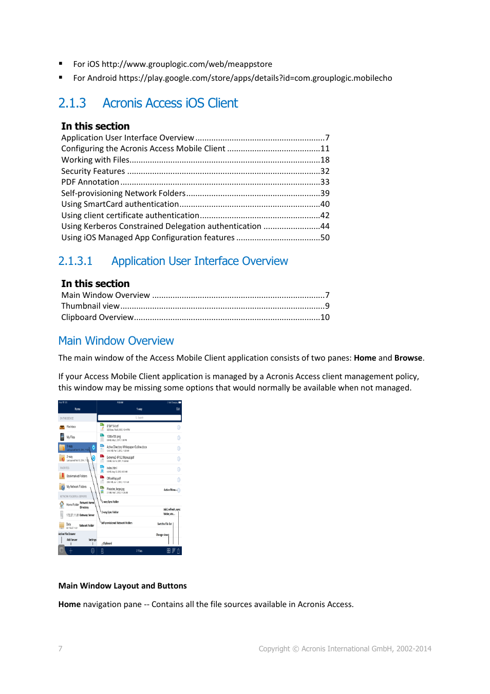 3 acronis access ios client, 1 application user interface overview, Main window overview | Acronis access ios client | Acronis Access Advanced - User Guide User Manual | Page 7 / 97