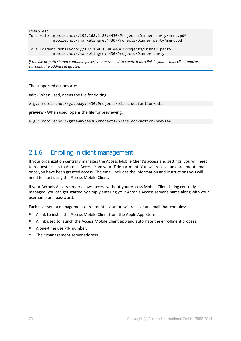 6 enrolling in client management, Enrolling in client management, P. 70) | Acronis Access Advanced - User Guide User Manual | Page 70 / 97