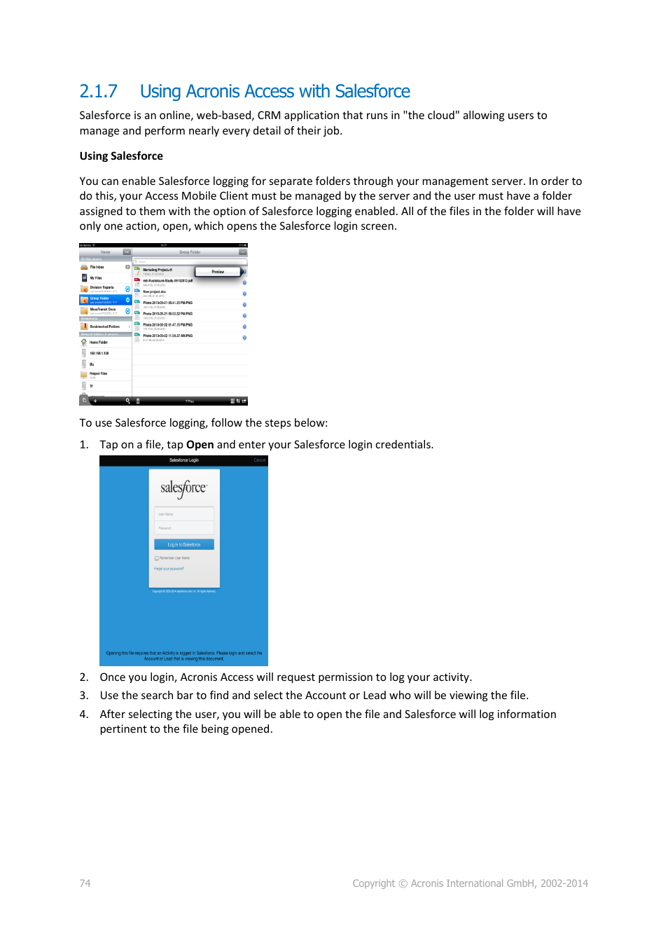 7 using acronis access with salesforce, Using acronis access with salesforce | Acronis Access Advanced - User Guide User Manual | Page 74 / 97