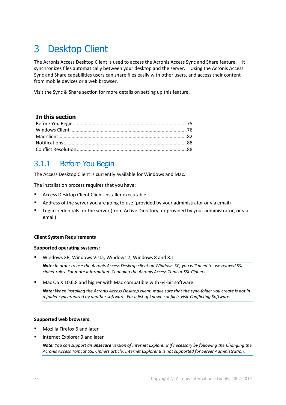 3 desktop client, 1 before you begin, Desktop client | Before you begin | Acronis Access Advanced - User Guide User Manual | Page 75 / 97